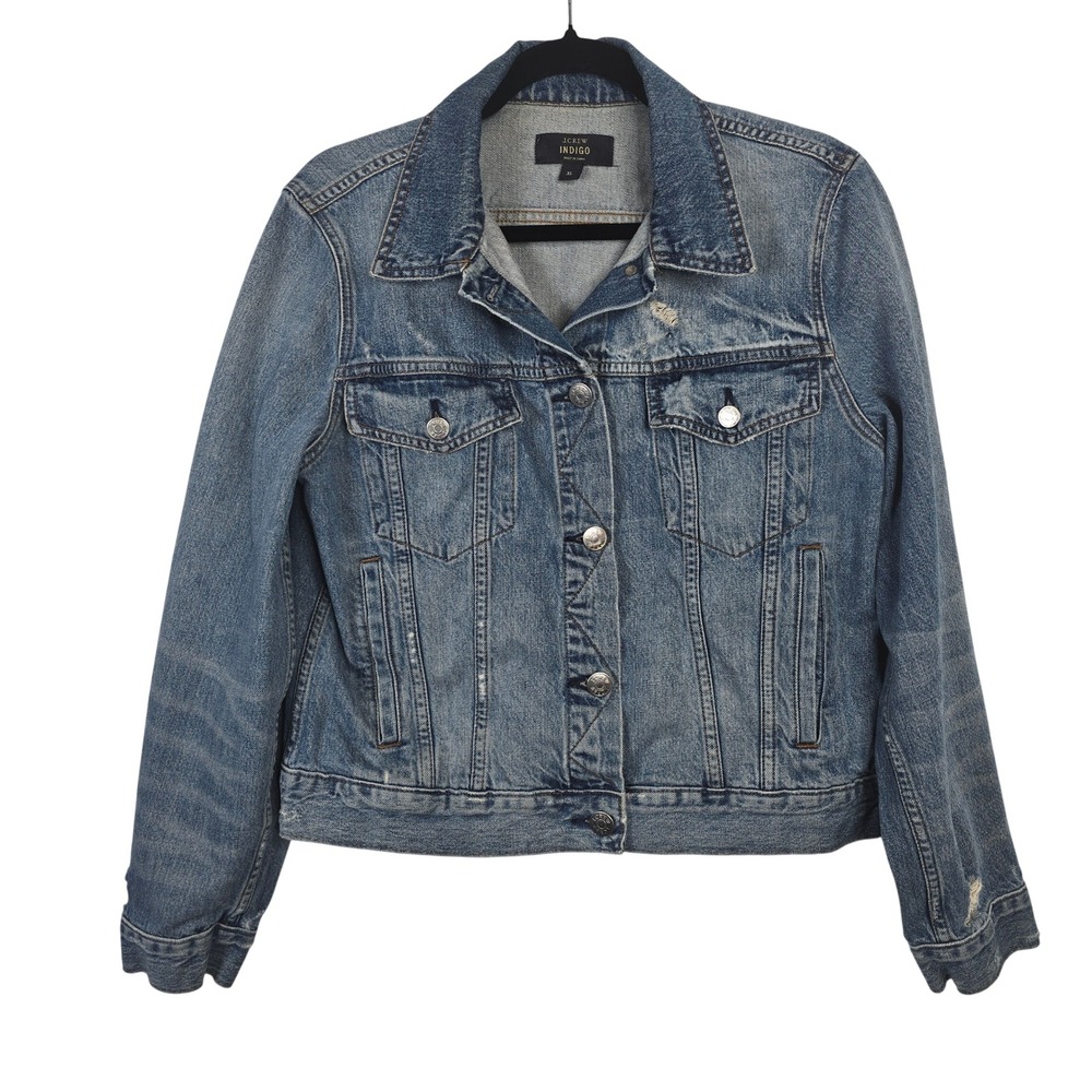 J.Crew Indigo Womens XL Light Wash Distressed Denim Trucker‎ Jacket Blue Cotton